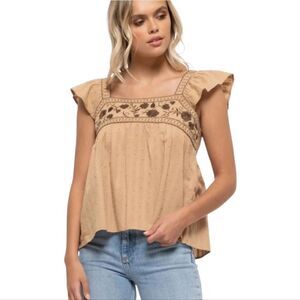 Mine Cotton Embroidered Tan Peasant Flutter Sleeve Boho Women's Top